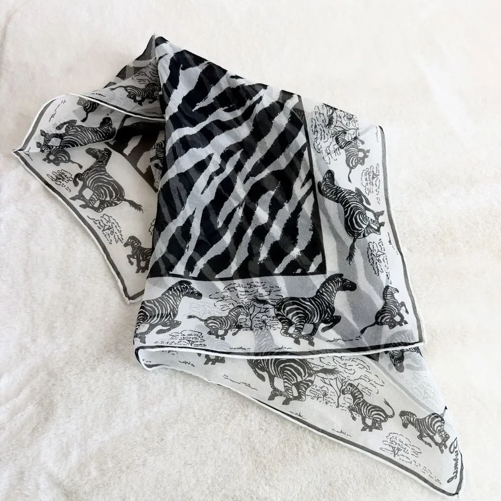 Burmel Vintage Silk Scarf Zebra Print Black & White 22 Inch Square